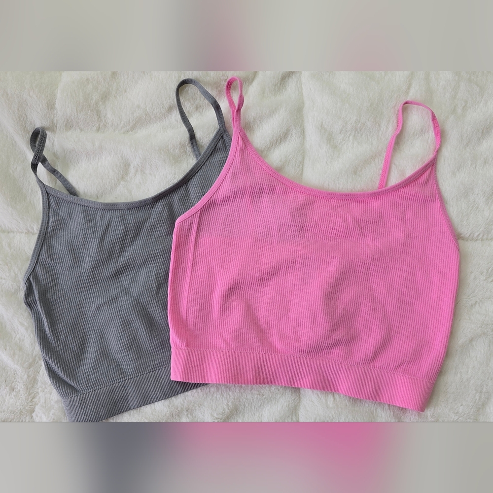 NWOT 2 PACK Ribbed Spaghetti Strap Crop Tops - Pink & Gray Size S
